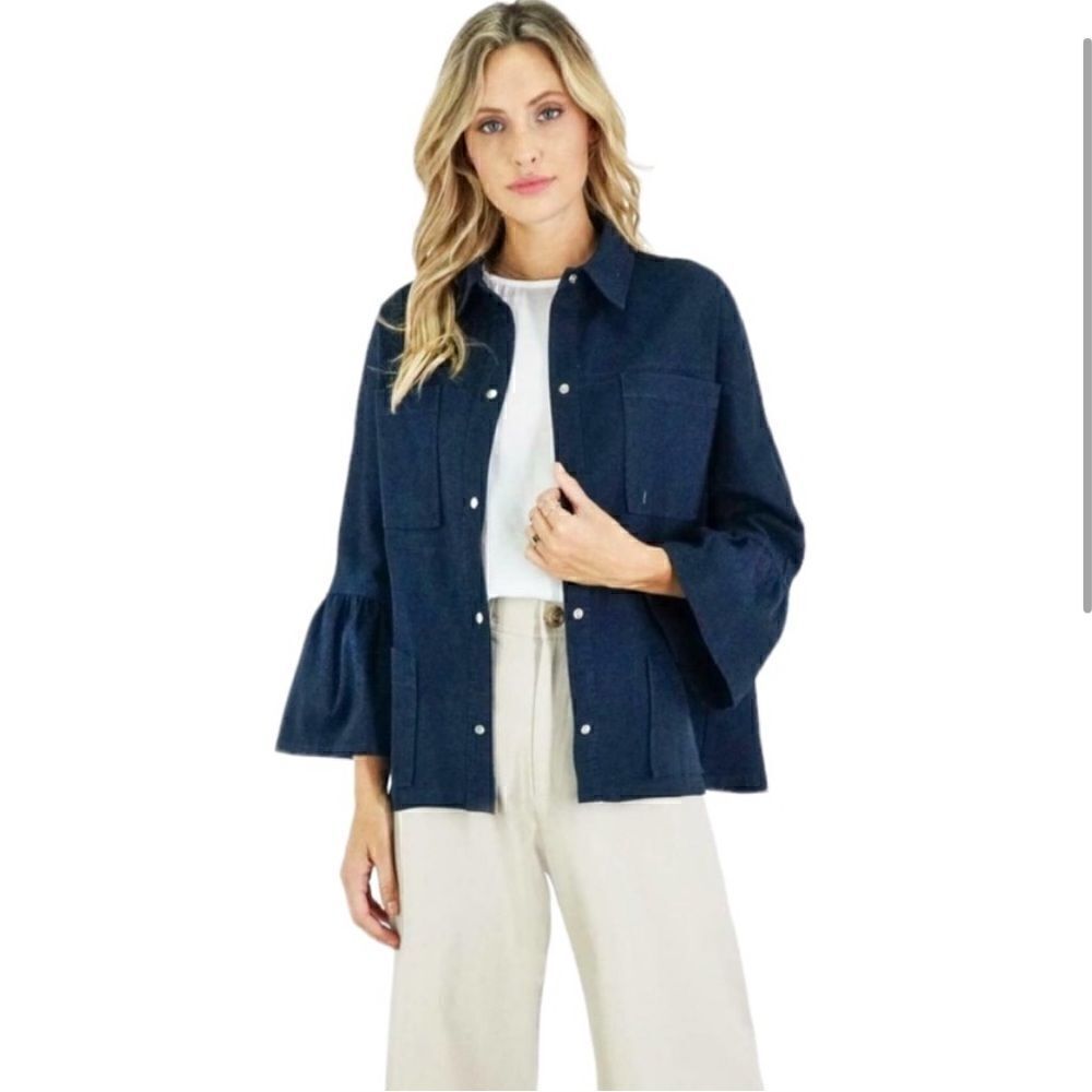Anthropologie Greylin Haley Navy Blue Utility Ruffle Bell Sleeve Jacket NEW